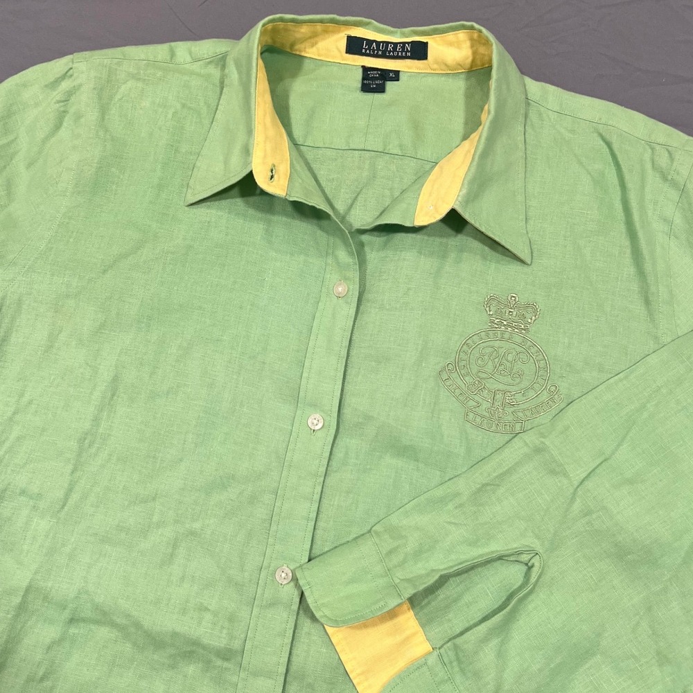 Lauren Ralph Lauren XL Lime Green 100% Linen Embroidered Crest Button Down Shirt
